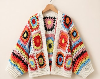 Handmade Crochet Granny Square Cardigan, Colorful Boho Knit Sweater, Chunky Patchwork Jacket, Festival Hippie Style