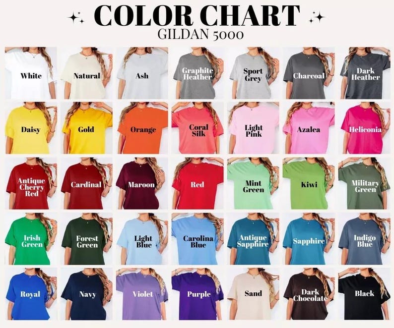 Op de afbeelding: Kleurenkaart van Gildan 5000 t-shirts in verschillende kleuren, waaronder wit, zwart en tinten blauw, groen en rood. De kaart toont de kleurnamen voor elk shirt.