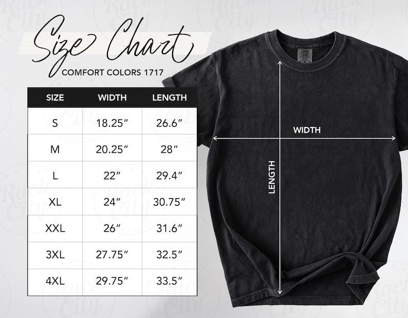 Op de afbeelding: Een zwart t-shirt met een maattabel, inclusief afmetingen in cm voor breedte en lengte. De tabel vermeldt maten S t/m 4XL, waarbij de kleinste maat een breedte heeft van 46,36 cm en een lengte van 67,56 cm. Het t-shirt is voorzien van het label "Comfort Colors 1717."