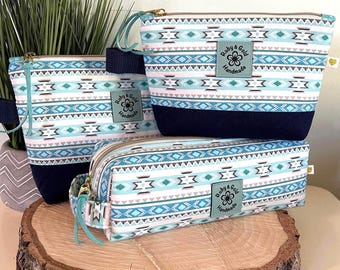 Western Turquoise Print Zippered Bags |  Southwest Cosmetics Travel Pouches (Three Sizes)