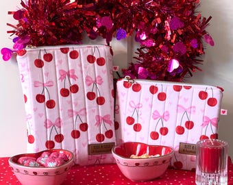 Pink Cherries Quilted Pouch:  E-Reader or Tech Zipper Pouch
