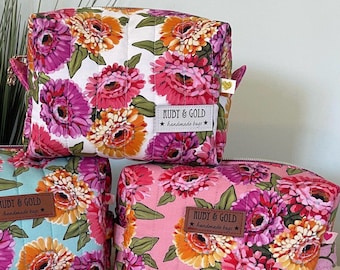 Floral Makeup Bag with Lila Tueller Zinnia Fabric, Cosmetics Bag, Boxy Pouch
