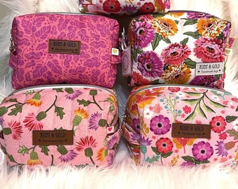 Quilted Cosmetic Bags with Lila Tueller fabrics, Boxy Makeup Pouch, Zipper Toiletries Case