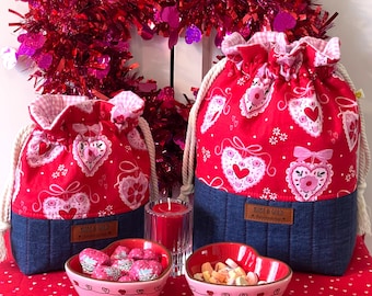 Red Heart Drawstring Tote Bag:  Valentines Gift, Trinket Bag