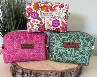 Floral Makeup Bag with Lila Tueller Zinnia Fabric, Cosmetics Bag, Boxy Pouch