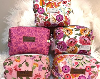 Quilted Cosmetic Bags with Lila Tueller fabrics, Boxy Makeup Pouch, Zipper Toiletries Case