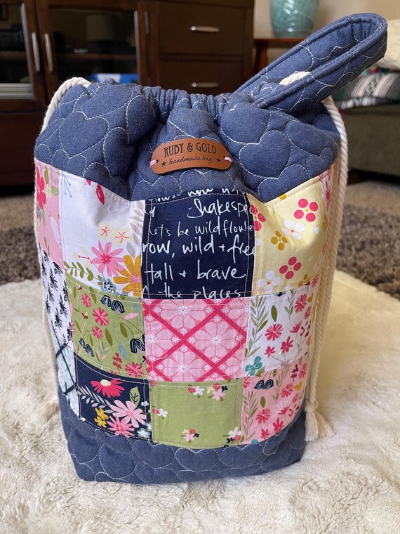 Floral Patchwork Drawstring Project Bag, Riley Blake Fabrics, Craft Tote Bag