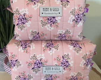 Pink Quilted Makeup Bags:  Large and Medium Zippered Pouch,  Boxy Cosmetic Bags
