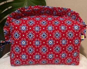 Quilted Red Cosmetic Bag, Boxy Makeup Pouch with Ruffles, Zipper Toiletries Case