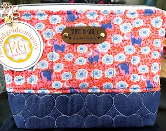 Handmade Quilted Zipper Pouch, Sarah Watts Fabric, 9" Wide