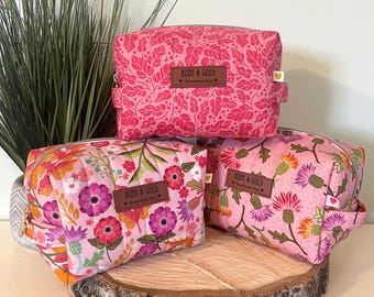 Floral Makeup Bag with Lila Tueller Zinnia Fabric, Cosmetics Bag, Boxy Pouch