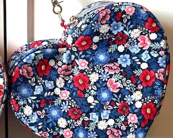 Blue Floral Heart Zipper Bag,  Heart Makeup Pouch,  Headphones Case