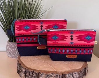 Western Fushia Print Zippered Bags |  Southwest Cosmetics Travel Pouches (Two Sizes)