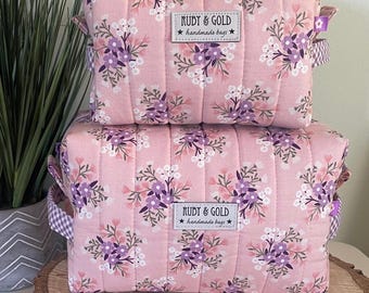 Pink Floral 2 Piece Cosmetic Bags, Boxy Pouch, Quilted Makeup Toiletries Zipper Pouch