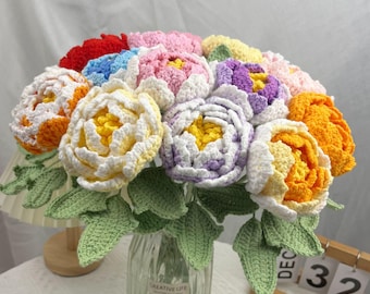 Gehäkelter Pfingstrosenstrauß | Handgestrickte Blumen, bleibende Erinnerungsdekoration