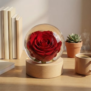 May include: A vibrant red rose encased in a clear glass dome, set atop a natural wood base. The rose is in full bloom, showcasing its intricate petals. A decorative piece for home decor.