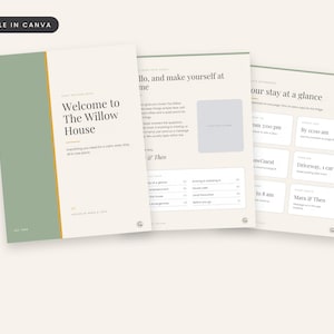 May include: A set of three digital welcome book templates with a sage green and cream color scheme. The cover page features the text Welcome to The Willow House. Interior pages include sections for stay details, check-in, and house rules.