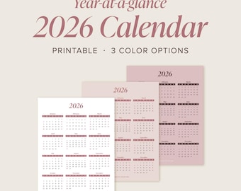 2026 Year-at-a-Glance Calendar | Minimalist Printable (Digital Download)