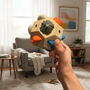 Puede incluir: Un juguete geométrico de madera con presas de escalada naranjas, azules y grises. El juguete tiene un acabado de madera natural y un detalle en forma de flor gris oscuro. El juguete está en la mano de una persona.