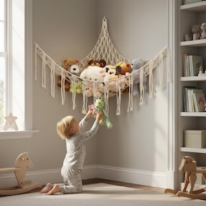 Hängmatta för dockförvaring i hörnet - Boho plyschnät för sovrum och vardagsrum