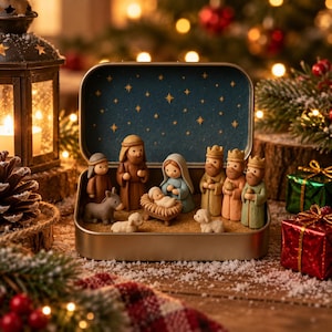 Könnte beinhalten: Eine Miniatur-Krippenszene in einer goldfarbenen Metalldose. Das Innere zeigt einen dunkelblauen Hintergrund mit goldenen Sternen. Die Figuren umfassen ein Kind in einer Krippe, Maria, Josef, drei Weise, einen Esel und zwei Schafe.