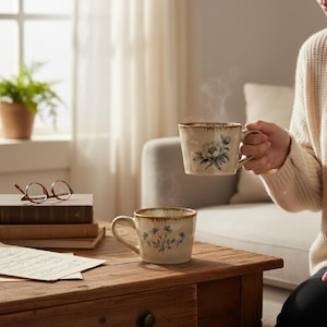 Pode incluir: Duas canecas de cerâmica bege com desenhos florais numa mesa de madeira. Uma caneca apresenta uma grande estampa floral, a outra um padrão floral azul menor. O vapor sobe das canecas, sugerindo uma bebida quente.