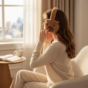 Pode incluir: Protetores de ouvido em forma de urso castanho. Os protetores de ouvido são feitos de um material macio e felpudo e apresentam um design de rosto de urso. Os protetores de ouvido são usados por uma pessoa sentada em uma cadeira perto de uma janela. O fundo inclui um horizonte da cidade, uma mesa, um livro e uma xícara de café.