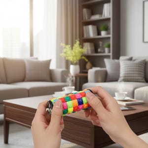 Puede incluir: Un colorido juguete de rompecabezas cilíndrico con una variedad de piezas cuadradas multicolores. El juguete se sostiene con dos manos, con una tapa negra visible en cada extremo. El rompecabezas está diseñado para ser girado y manipulado.
