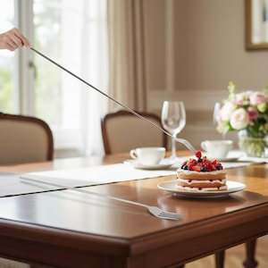 May include: A small layered cake topped with fresh berries, served on a white plate. A long, thin fork is held above the cake, with another fork resting on a wooden table. The scene is set on a dining table with cups, glasses, and flowers.