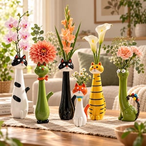 Op de afbeelding: Een verzameling van zes keramische vazen in de vorm van een kat in verschillende kleuren en patronen, elk met een andere bloem, waaronder orchideeën, dahlia's, gladiolen, calla lelies, madeliefjes en anjers, opgesteld op een houten oppervlak.