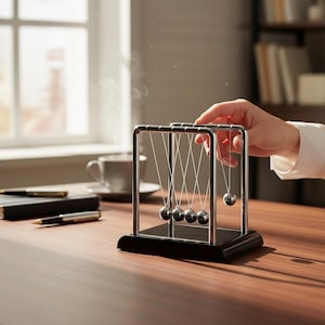 Könnte beinhalten: Ein Newton-Wiege-Schreibtischspielzeug mit fünf polierten Stahlkugeln, die an einem Chromrahmen aufgehängt sind. Der Sockel ist schwarz, und eine Hand berührt die Kugeln. Der Hintergrund umfasst ein Fenster, eine Kaffeetasse und ein Notizbuch.