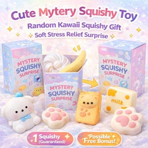 Puede incluir: Una colección de juguetes blandos de colores, incluyendo un oso blanco con un lazo azul, artículos con forma de pata y un oso amarillo. El empaque dice "Mystery Squishy Surprise" y "Cute Mystery Squishy Toy".