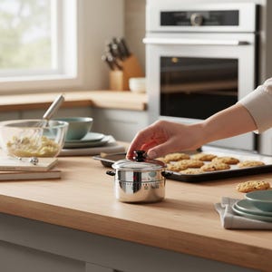 May include: A stainless steel kitchen timer with a black knob and a dial showing the minutes. The timer is on a wooden countertop, with a bowl of batter and a baking sheet of cookies in the background. Kitchenware.