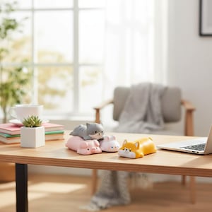 Könnte beinhalten: Eine Sammlung farbenfroher, tierförmiger Schreibtischaccessoires, darunter eine graue Katze, ein rosa Schwein, ein weißes Kaninchen und ein gelber Hund. Die Figuren sind auf einem hellen Holzschreibtisch angeordnet, mit einem Laptop und einer kleinen Sukkulentenpflanze in einem weißen Topf in der Nähe.