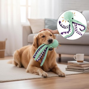 May include: A golden retriever lies on a rug, holding a green and purple octopus-shaped dog toy. The toy has a textured body and long tentacles. A person's hand is petting the dog's head. The dog is in a living room.
