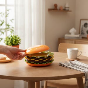 Può includere: Un set di piatti impilabili a forma di hamburger. Il set comprende elementi arancioni, verdi, gialli e marroni. La parte superiore del 'panino' viene sollevata, rivelando gli strati sottostanti. Il set è su un tavolo di legno.