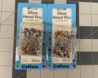 2 - packages of Collins glass head pins 35mm - 1 3/8 inch 200 ct box  for a total of 400 pins - Free Shipping Included