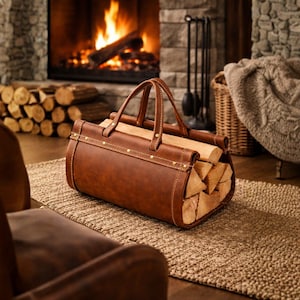 May include: A brown leather log carrier with a handle, filled with firewood. The carrier is accented with gold-colored rivets and stitching. The background features a fireplace with a burning fire, logs, and a woven rug.