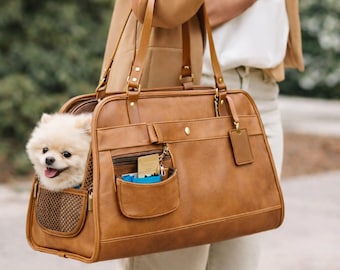 Dog Carrier Bag Leather, Travel Carrier Purse, Cat Carry Handbag, Small Pet Carrier Tote, Airline Friendly Dog Bag, Stylish Pet Travel Tote.