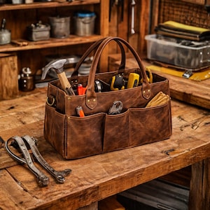 Bolsa de herramientas de cuero hecha a mano / Organizador multibolsillos resistente
