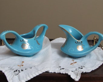 Pearl China Co Sugar and Creamer - Art Deco - Teal - Aqua - 22 k gold accents