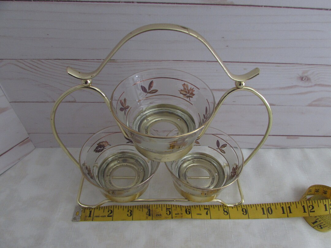Libbeys 3 Bowl Condiment Set With Gold Caddy Vintage Libbey Gold Leaf