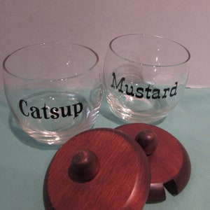 Vintage Condiment Jars with Wooden Lids - Catsup and Mustard Jars - Glass Catsup and Mustard Jars with Wooden Lids - Ketchup and Mustard Jar