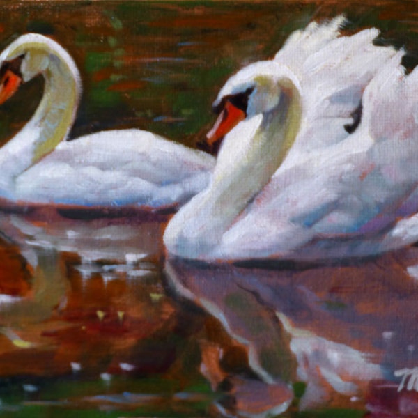 Swans, 5x7" Original Oil Painting