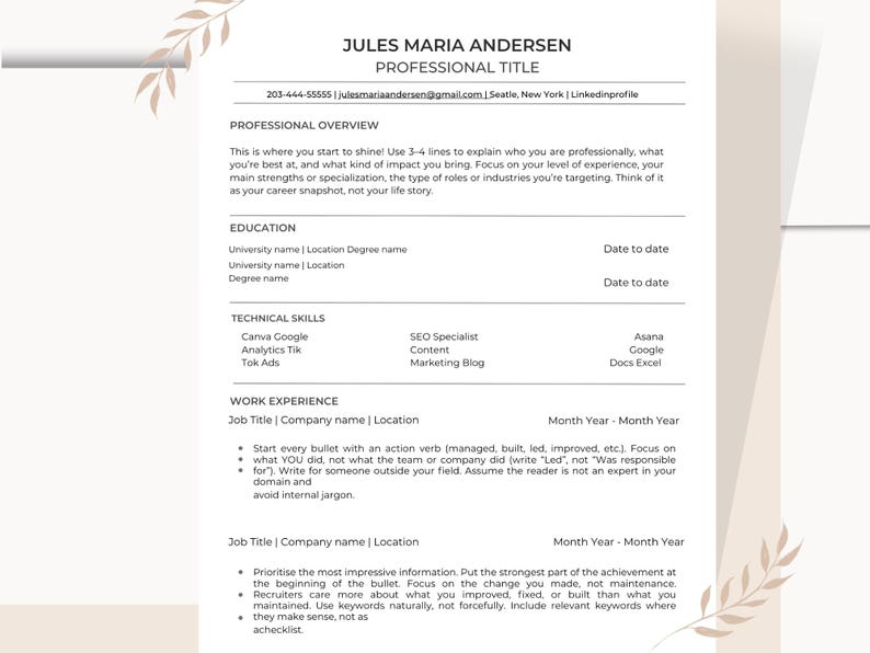 ATS Friendly Resume Template for Google Docs, Professional Resume ...