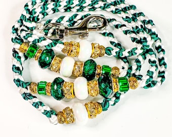 Emerald Pearl Viper Show Lead | Handmade Braided Lead with Gold & Pearl Accents