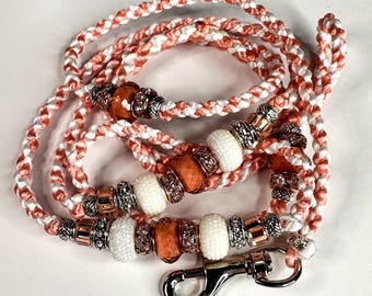 Coral Python Show Lead | Peach White Paracord Dog Show Lead | Handmade Braided Lead with Pearl Accents