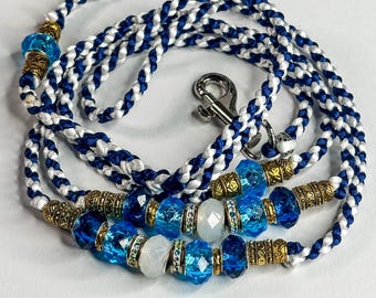 Blue Krait Show Lead | Blue White Paracord Dog Show Lead | Handmade Braided Lead with Gold Accents
