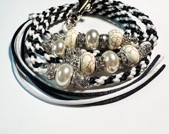 Silver Krait - Black and White Handmade Dog Show Lead with Pearl Accents and Tassel | Contrast and Elegance | Braided Nylon