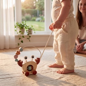 May include: A wooden pull-along toy shaped like a crab with a light wood finish, two white eyes on stalks, and red claws. An arched wire frame above the crab features small wooden beads in shapes of stars and shells, while red wheels sit below.